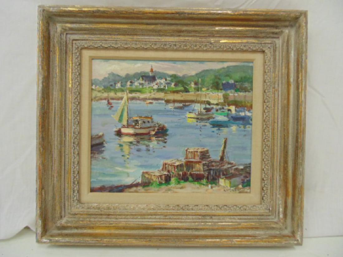 Painting, "Late Afternoon", Antonio Cirino, harbor: Painting, "Late Afternoon", Antonio Cirino, harbor scene with lobster traps, signed, painted on board, 10" by 12".