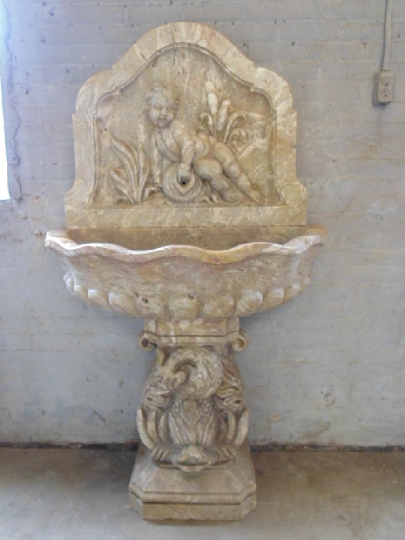 Carved stone cherub 3 part wall fountain, lavabo; (1 of 7)