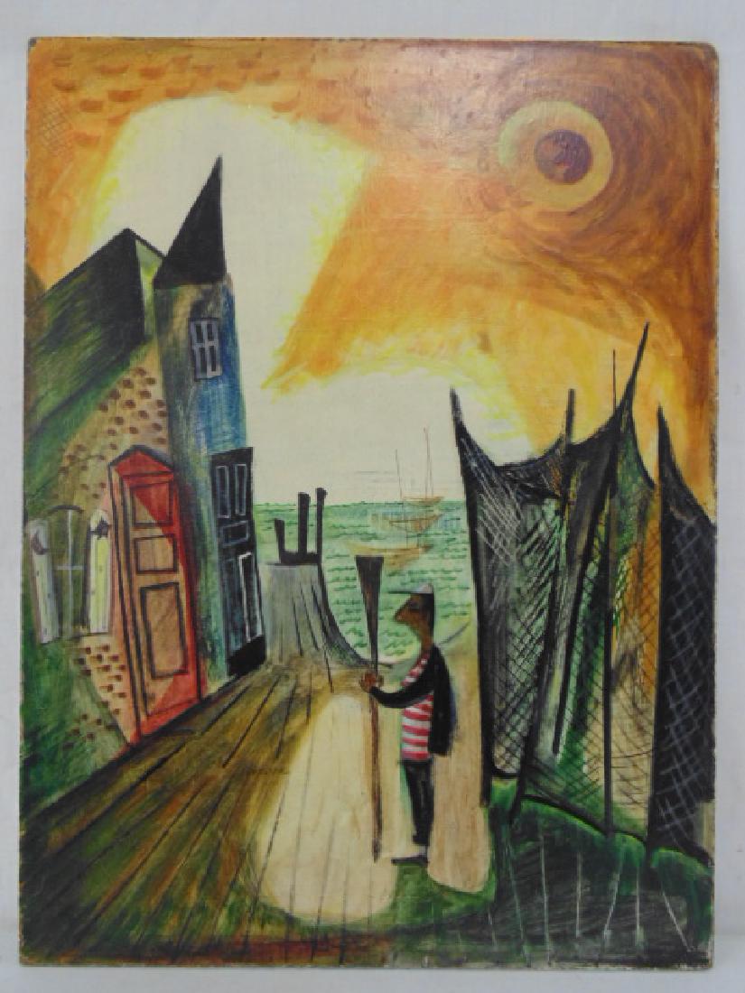 Painting, gondolier with oar on dock, by Nicholas: Painting, gondolier with oar on dock, by Nicholas Takis, unsigned, has study on reverse, painted on board, 16" by 12"