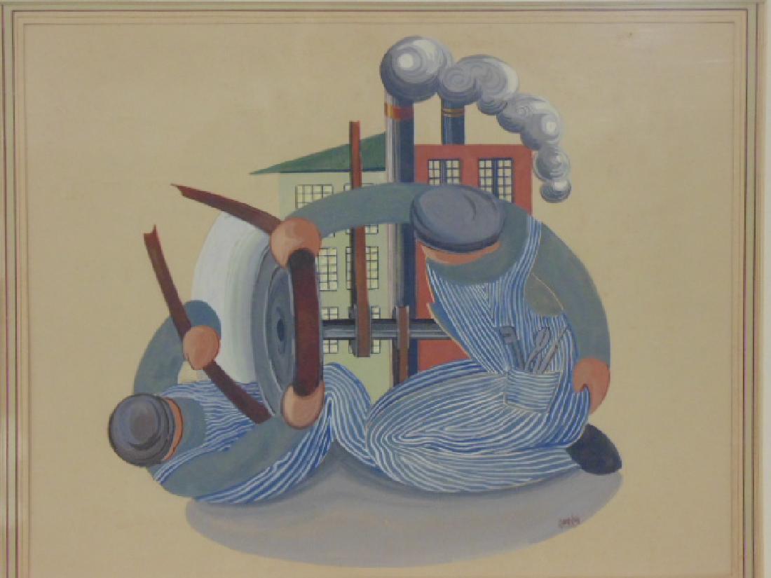 Painting, industrial workers, Louis Sherker, gouache (1 of 5)