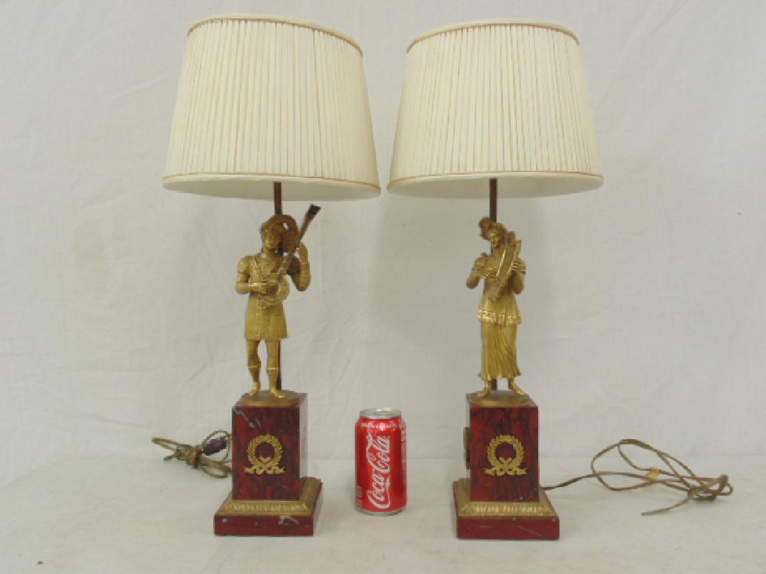 Pair figural bronze table lamps on red marble bases, (1 of 8)