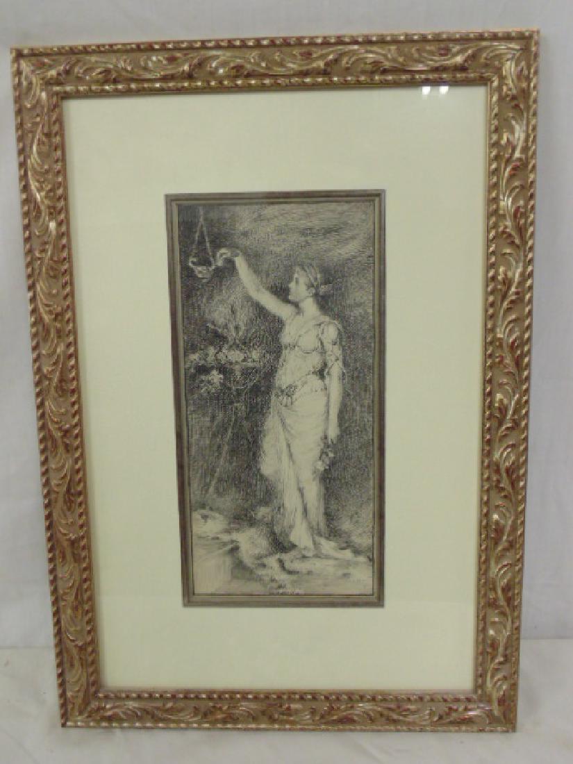 Drawing, portrait of a woman lighting oil lamp, pen &: Drawing, portrait of a woman lighting oil lamp, pen & ink, unsigned, 11.5" by 5.5"