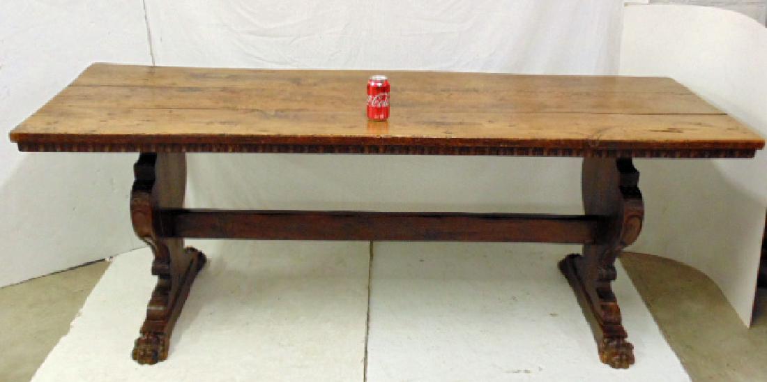 Early stretcher base tavern table, carved lyre base (1 of 8)