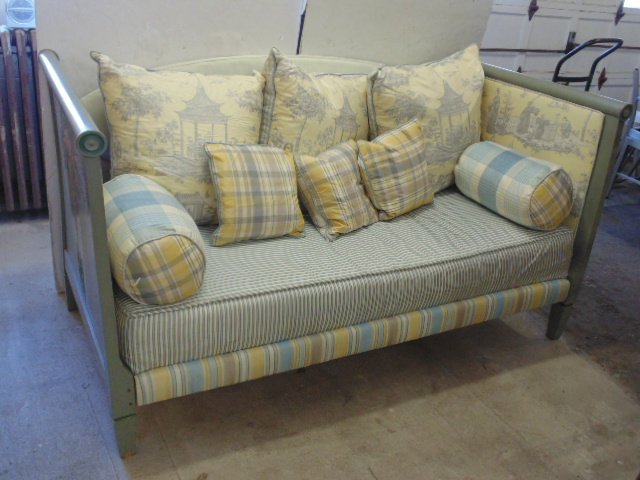 Paint decorated French daybed with silk upholstery (1 of 8)