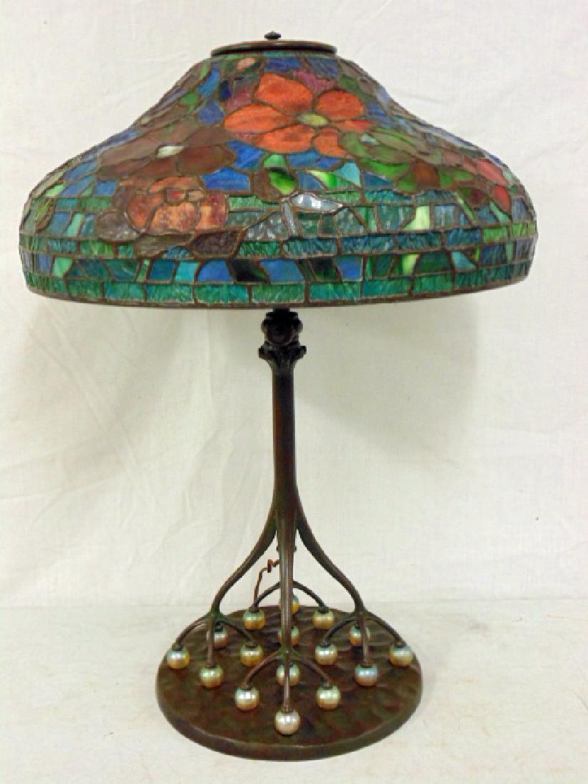 Tiffany style table lamp, bronze base with Favrile type (1 of 13)