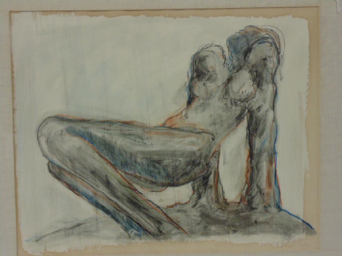 Painting, nude figure, Mary Frank, 1963, watercolor of: Painting, nude figure, Mary Frank, 1963, watercolor of a nude female figure, highlighted with various colors, signed lower right, dated 1963, 13.75" by 17"