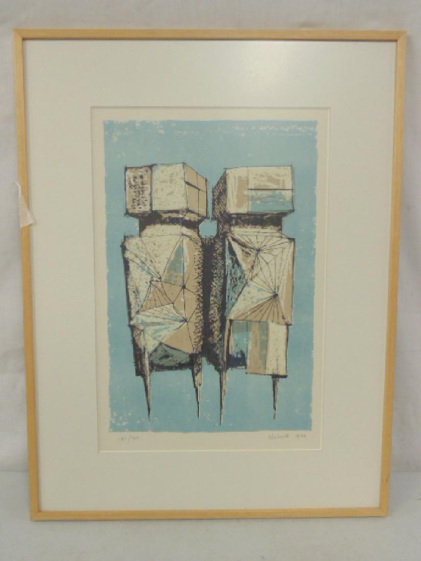 Lithograph, two cubist shapes, Chaikovik (??), numbered: Lithograph, two cubist shapes, Chaikovik (??), numbered 155/300, showing 2 shapes on a blue background, signed & numbered, 16.25" by 10.75"
