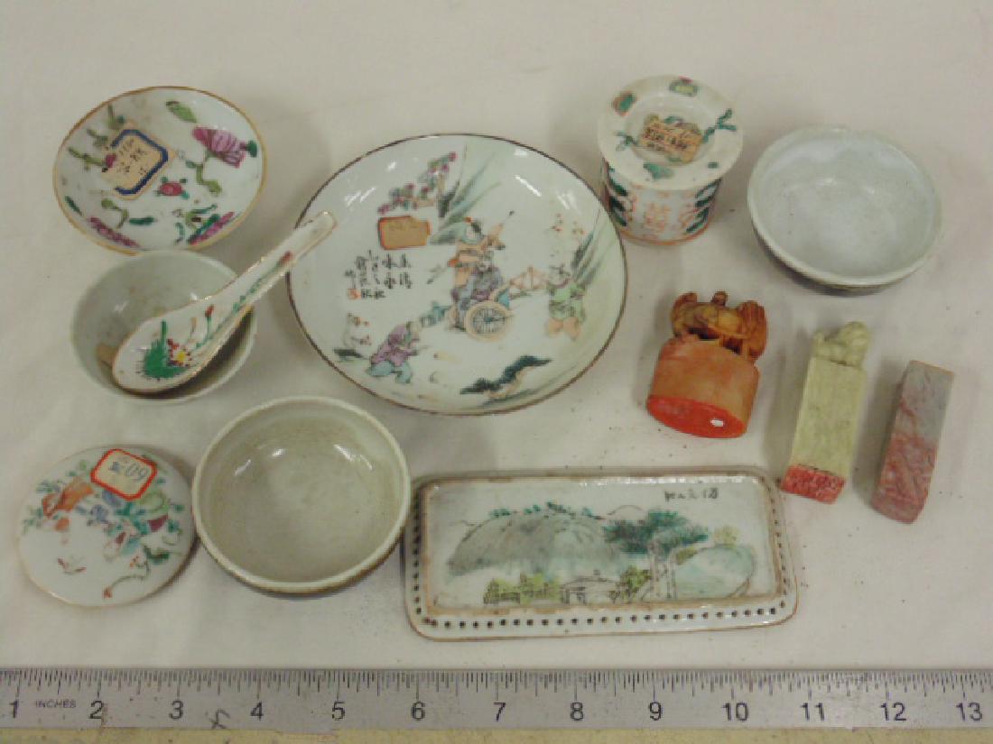 Lot misc. Asian porcelain, small bowls, dishes, spoon,: Lot misc. Asian porcelain, small bowls, dishes, spoon, small covered jar, 3 soapstone seals, please refer to images for size, condition