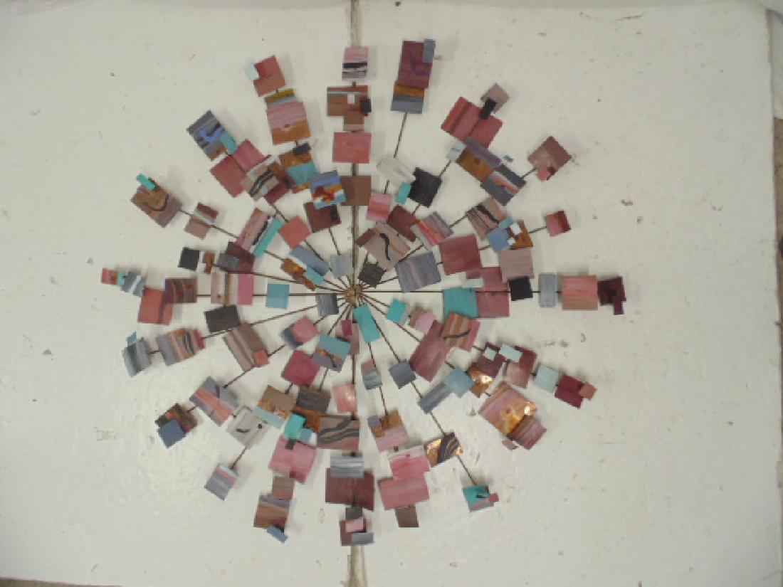 Copper wall sculpture, style of Jere, signed, sculpture: Copper wall sculpture, style of Jere, signed, sculpture consists of two half rounds, copper wire with attached paint decorated squares, diameter is 51"