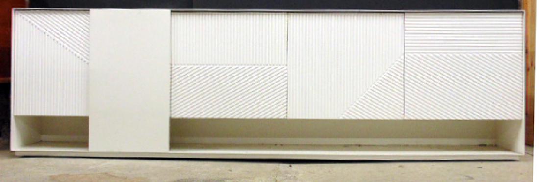 Darryl Carter Hampton Media Console, Milling Road for: Darryl Carter Hampton Media Console, Milling Road for Baker Furniture, wood & steel construction, cabinet is 76" long, 19" deep & 22.5" tall, some damage to one door