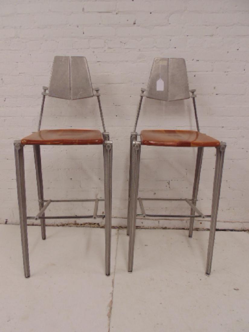 Pair Robert Josten MCM stools, steel & aluminum: Pair Robert Josten MCM stools, steel & aluminum construction, wood seats, seat height is 30.5", back rest is 47"