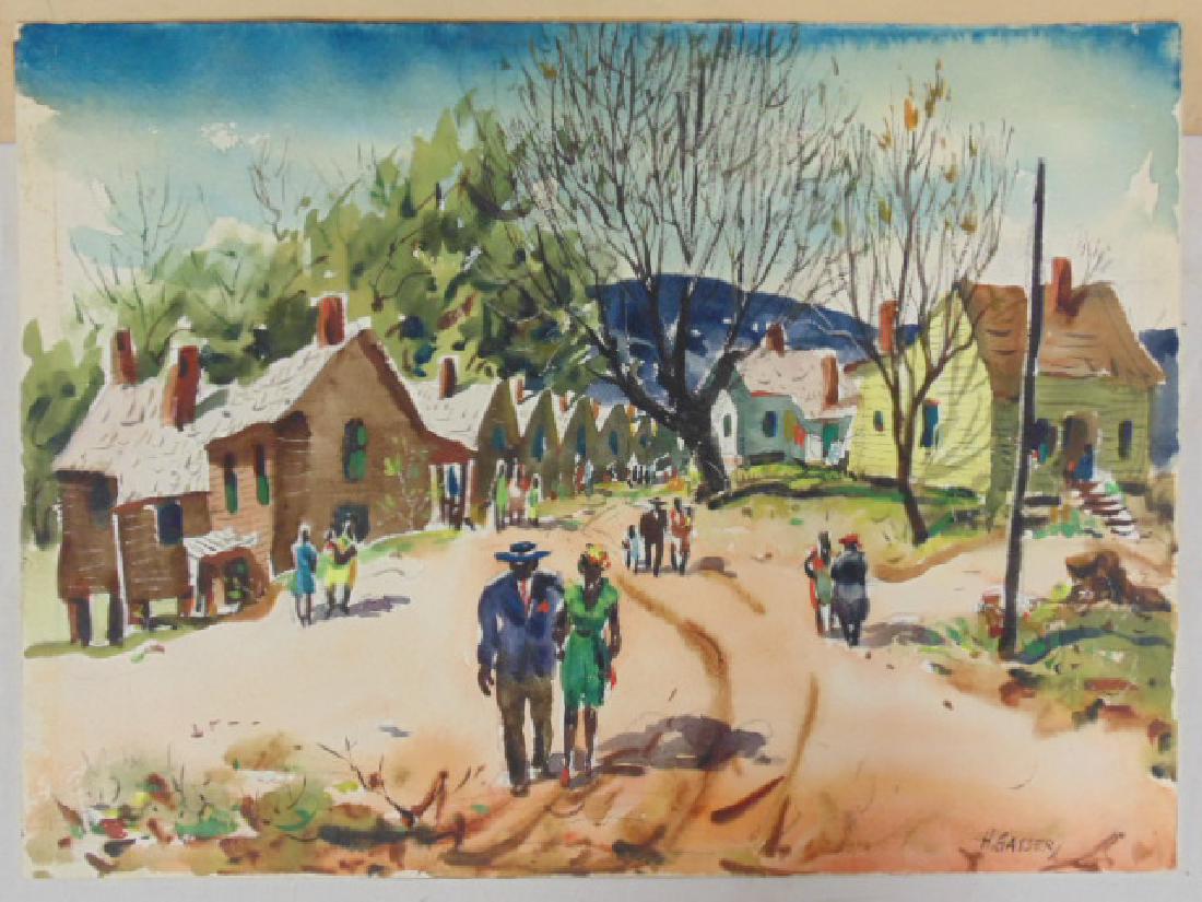 Painting, "All Spruced Up", Henry Gasser, showing a: Painting, "All Spruced Up", Henry Gasser, showing a fancy dressed African American couple walking on a village, dirt road, titled on reverse, watercolor on paper, 11" by 15"