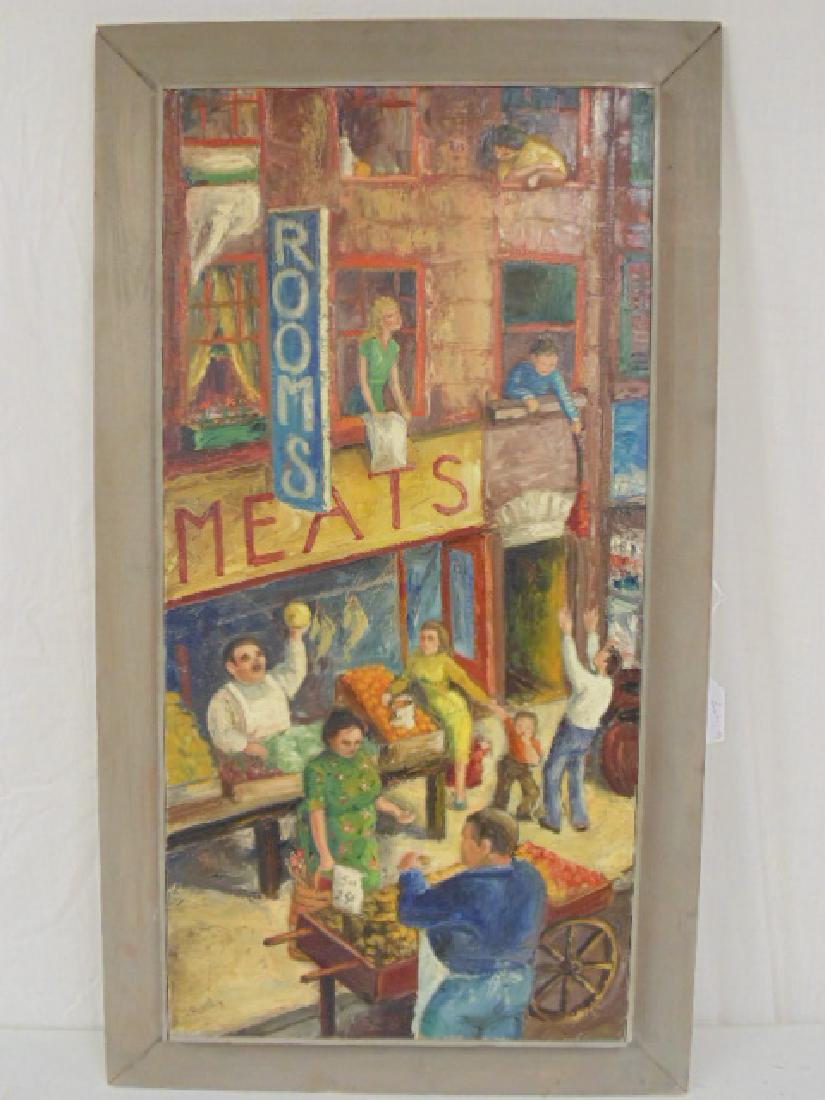 Painting, "Market Place", Rusty (Cooperman), WPA era,: Painting, "Market Place", Rusty (Cooperman), WPA era, showing a rooming or tenement house over a meat market, various figures, painted on canvas, 36" by 18"