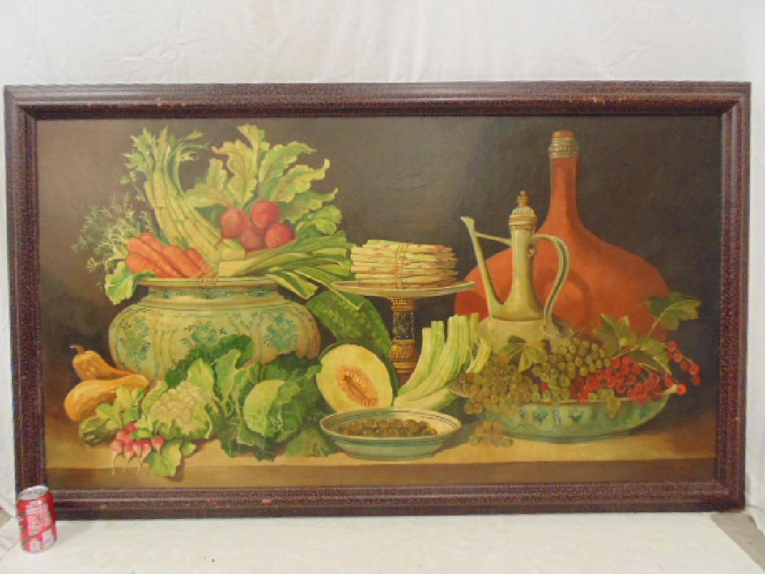Painting, still life, William Skilling, a large still: Painting, still life, William Skilling, a large still life with vegetables, fruits, bowls & bottles, 33" by 60"