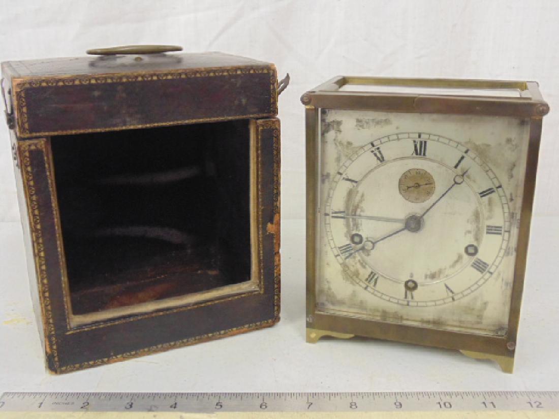 Carriage clock in case, exceptional quality multi: Carriage clock in case, exceptional quality multi alarm, original case is stamped "J. Louis, Watch Repairer, 65 Nassau St., NY.", clock is 5.5" by 3.75" by 6.75", comes with key, top bezel is cracked