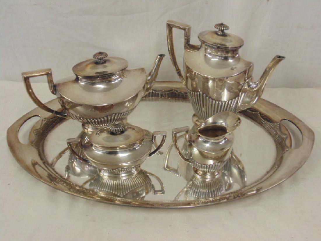 Sterling silver Queen Anne tea set on silver-plate: Sterling silver Queen Anne tea set on silver-plate serving tray, coffee & tea pot, sugar & creamer, 55 troy