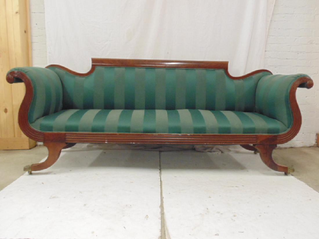 19th Century manor of Duncan Phyfe sofa, mahogany: 19th Century manor of Duncan Phyfe sofa, mahogany frame, green upholstery, length is 85", depth is 24", height is 34" Ex Anne Stromberg