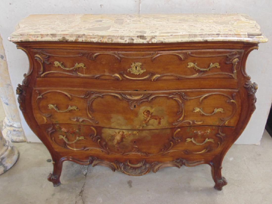 French Paint Decorated Marble Top Chest 3 Drawer Bombe Apr 15