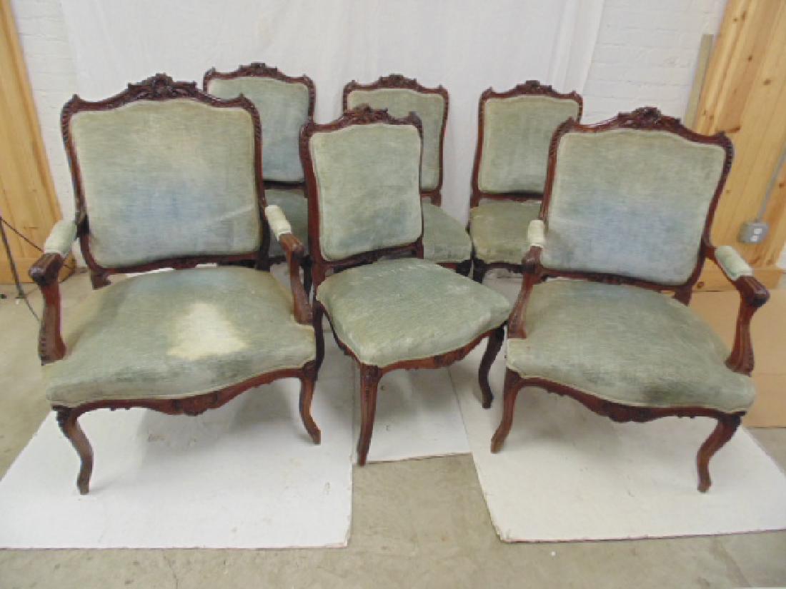 Set 6 upholstered French dining chairs, wood carved: Set 6 upholstered French dining chairs, wood carved frames, light blue upholstery, upholstery old, discolored, some chairs are a bit loose