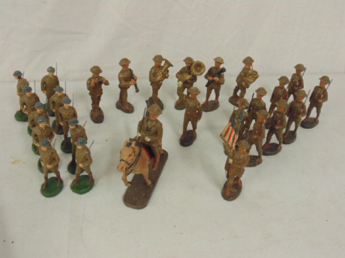 Lot Elastolin soldiers, German made, 17 US soldiers,: Lot Elastolin soldiers, German made, 17 US soldiers, includes musicians, flag bearer, figure on horseback & 10 English (?) soldiers