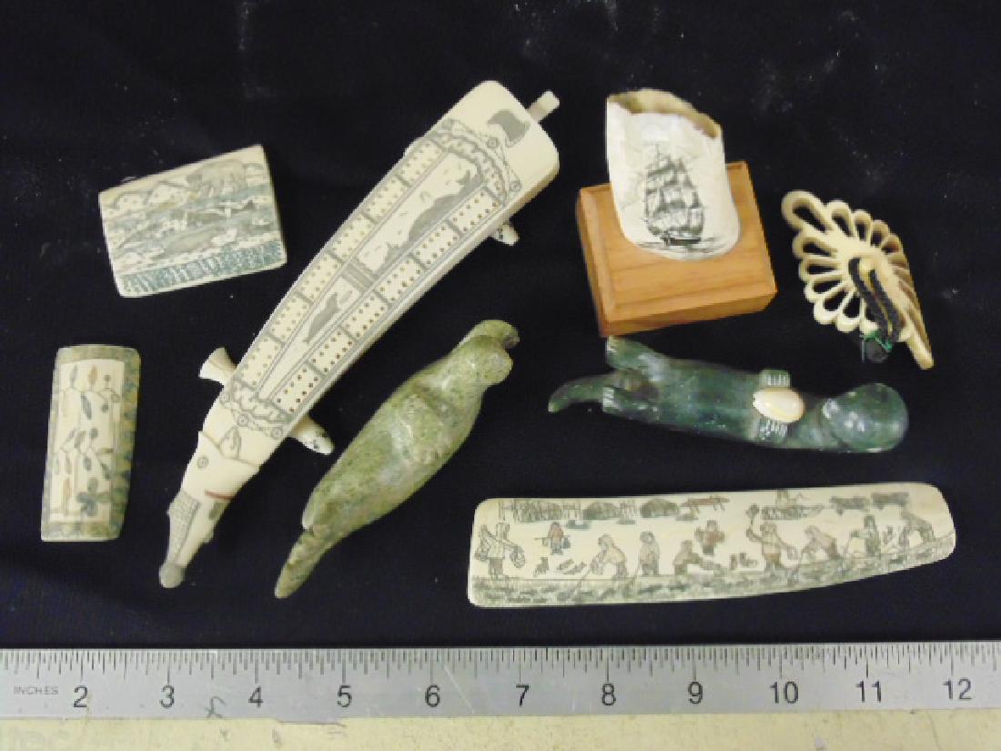 Lot scrimshaw, Inuit stone carvings, various small: Lot scrimshaw, Inuit stone carvings, various small whale bone carvings with Inuit scenes, refer to images for detail regarding size & subject