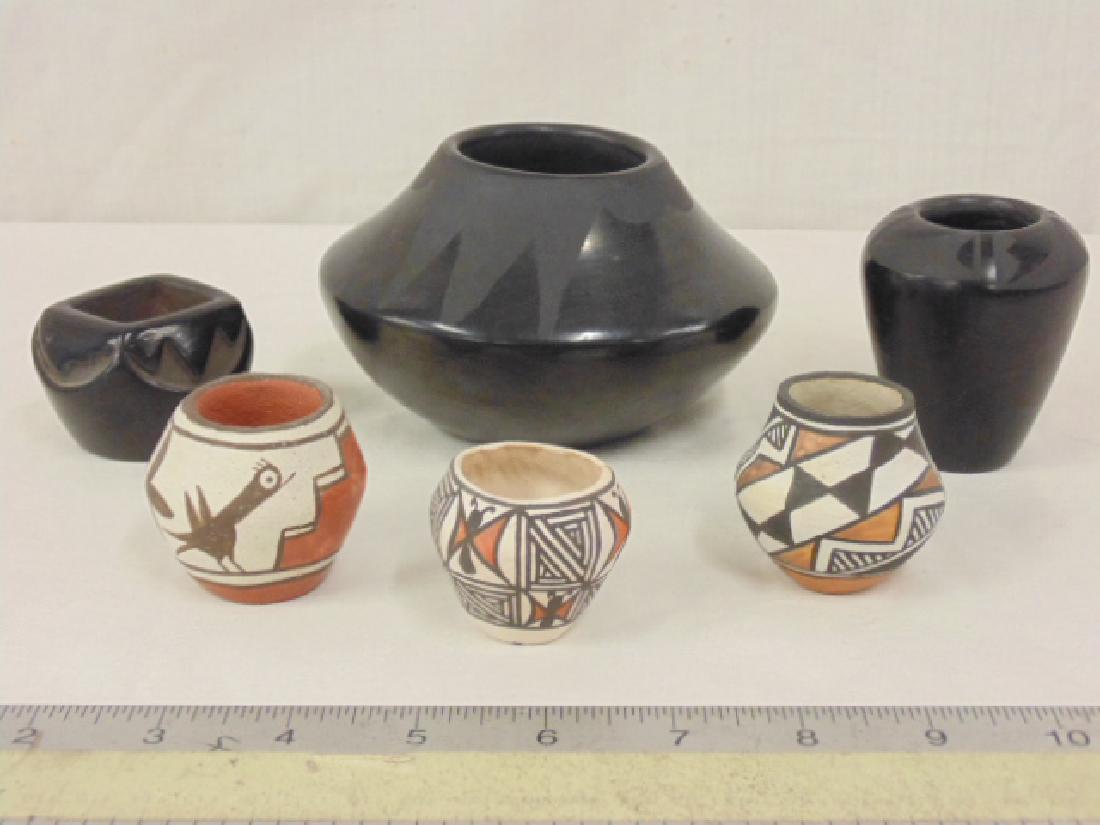 Lot small Native American pottery, Acoma, Maria,: Lot small Native American pottery, Acoma, Maria, includes 3 small Acoma pots (2" diameter) & 3 small bowls in black, one signed Maria Santa, Martin & Betty Naranjo