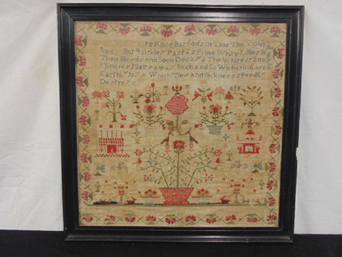 Early needlework sampler, various flowers, birds, size: Early needlework sampler, various flowers, birds, size is 18" by 18"