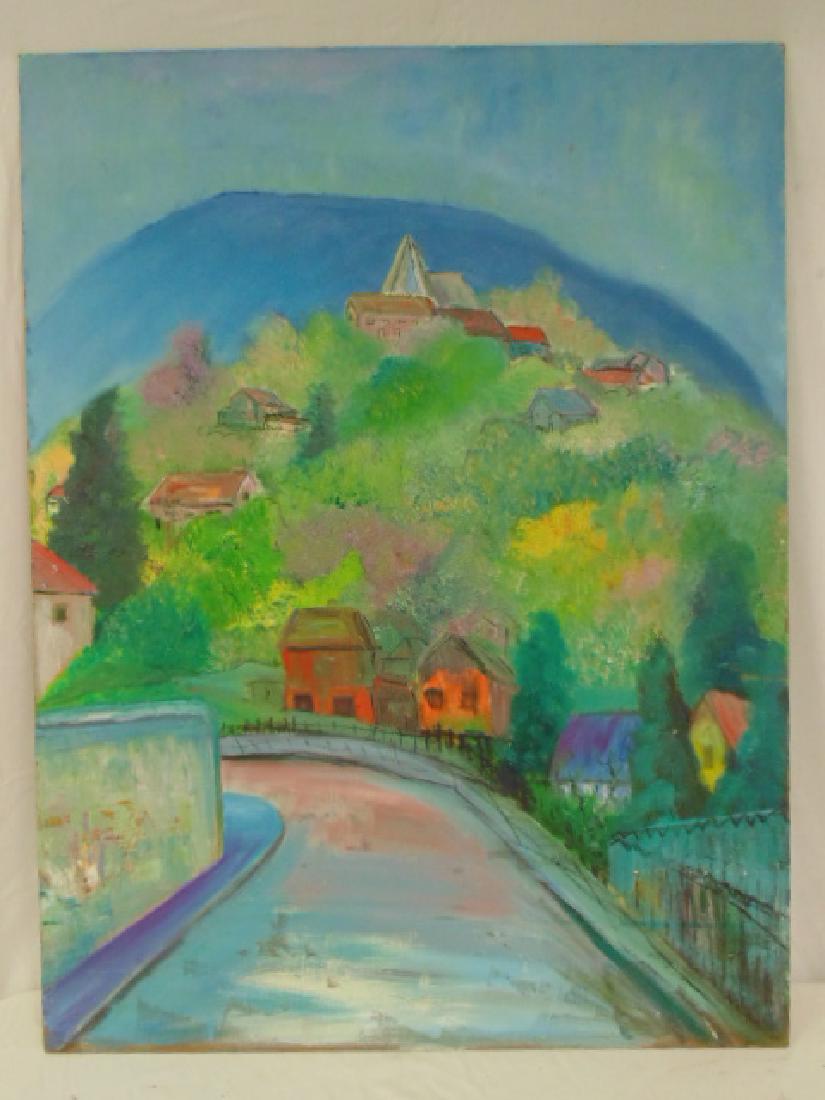 Painting, View Peekskill, Milton Lunin, has portrait of: Painting, View Peekskill, Milton Lunin, has portrait of girl with sculpture on reverse, painted on Masonite, 48" by 36.25"