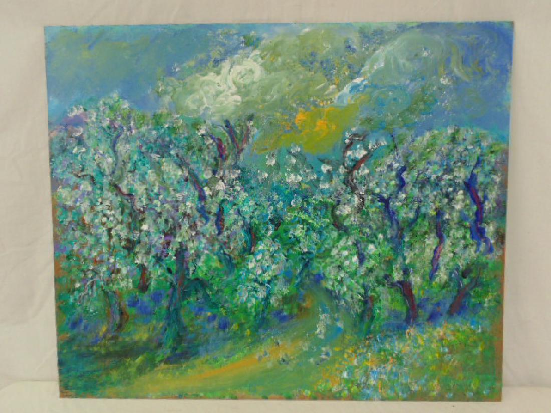 Painting, blossom trees, Milton Lunin, painted on: Painting, blossom trees, Milton Lunin, painted on Masonite, showing several blossom trees with white flowers, unsigned, 30" by 36"