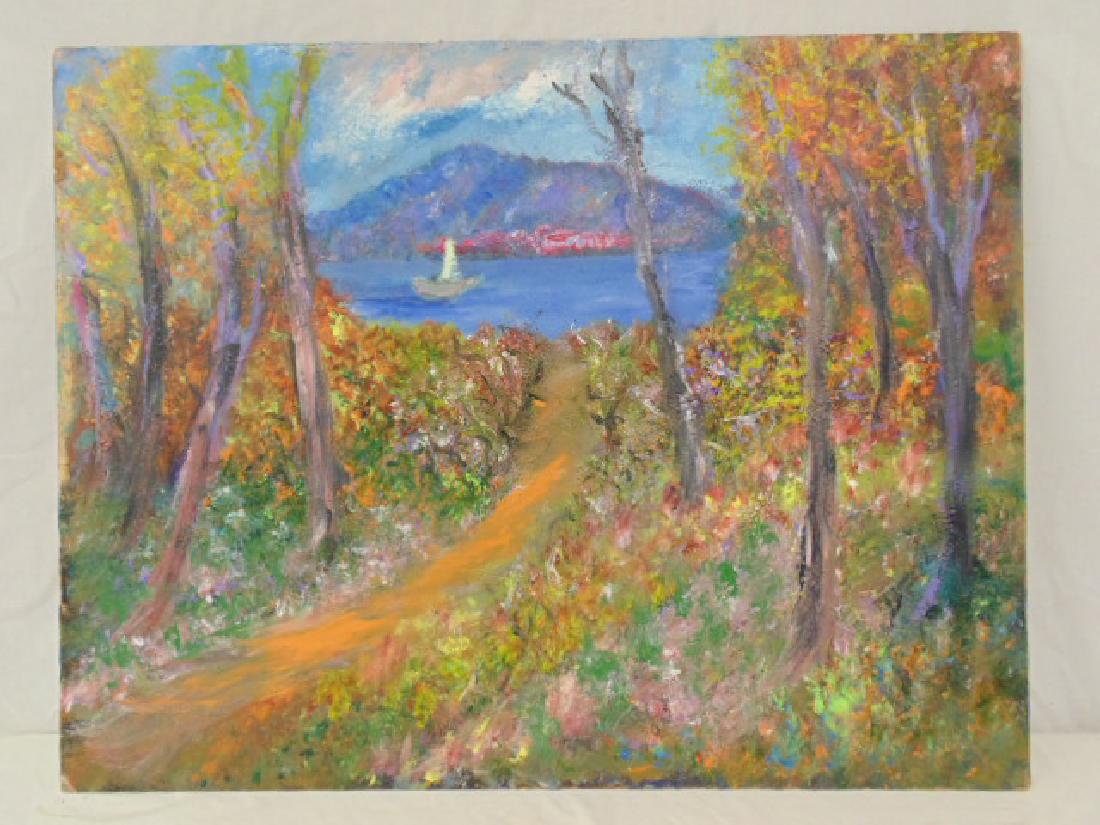 Painting, "The Big Pine", Milton Lunin, landscape with: Painting, "The Big Pine", Milton Lunin, landscape with the Hudson River seen through trees, 28" by 36", painted on Masonite