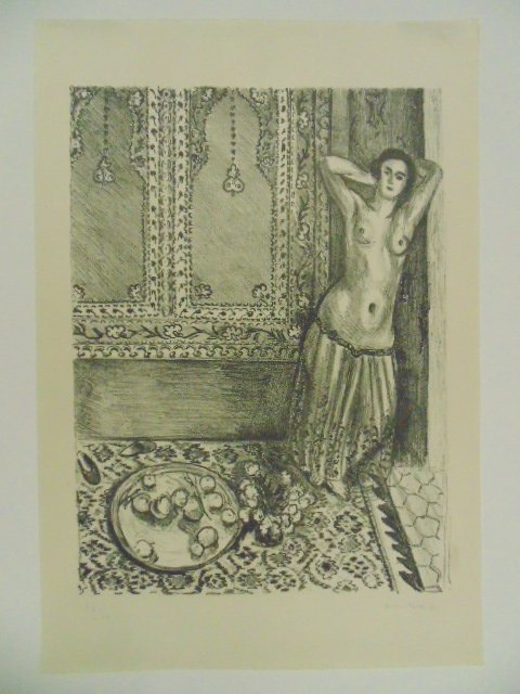 Litho, exotic dancer, Middle Eastern room, Henri..: From the same estate as the Marc Chagall lithograph came this lithograph of an exotic dancer standing in a corner of a middle eastern, Persian style room with a plate of fruit on the floor, it's numbe