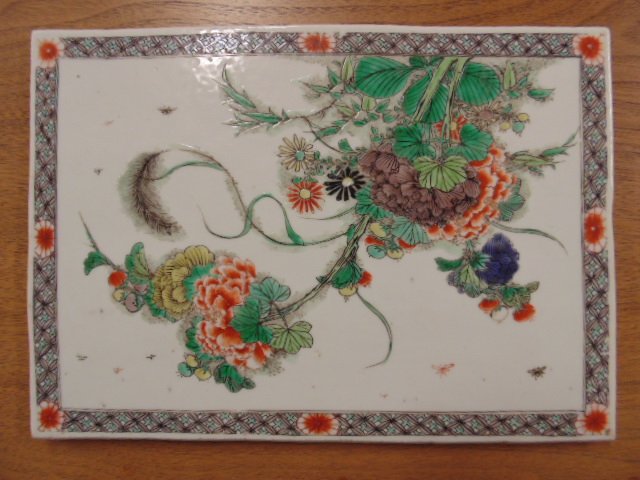 Chinese, Asian porcelain tile with floral decoration: Chinese, Asian porcelain tile with floral decoration, tile has decorative border, 7" by 10", showing flowers, leaves & flies, insects, in good condition.
