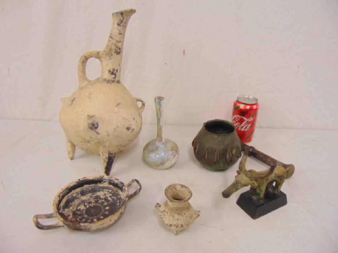 Antiquity lot, Turkey, Roman, Persian, includes bronze: Antiquity lot, Turkey, Roman, Persian, includes bronze vessel, early bronze cow, Roman tear bottle, ceramic jug, several early pottery pieces