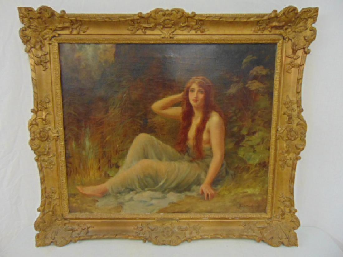 Painting, portrait girl, Fred Knowles, showing a seated: Painting, portrait girl, Fred Knowles, showing a seated girl with long red hair, signed bottom right, in gilt frame, canvas size is 25" by 30"
