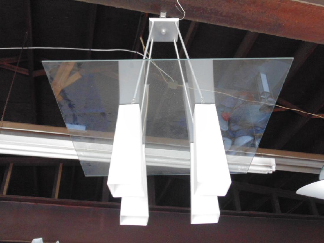 Sandy Littman design hanging fixture, square MCM: Sandy Littman design hanging fixture, square MCM design, clear plate glass with 4 white glass diffusers, suspended from metallic finish metal arms, plate glass is 30" by 30", height is 34.5"
