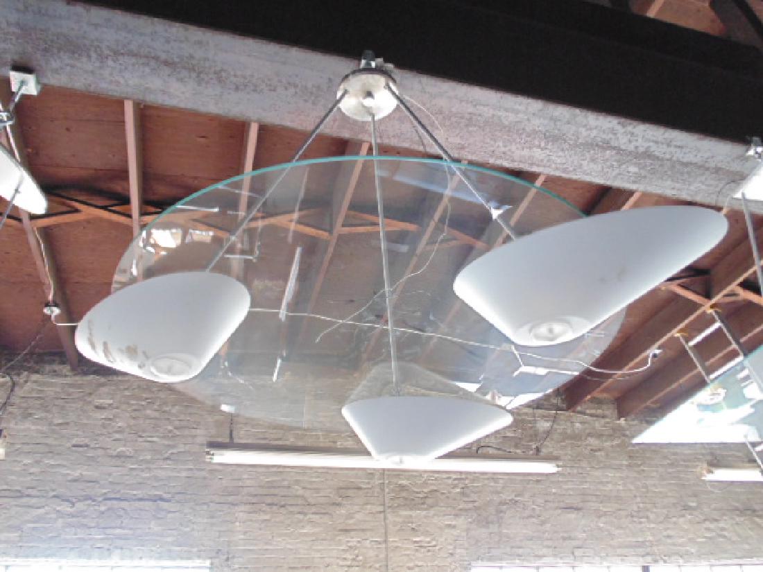 Sandy Littman design hanging fixture, MCM design, round: Sandy Littman design hanging fixture, MCM design, round clear plate glass with 3 white glass diffusers, suspended from metallic finish metal arms, plate glass is 30", height is 28"