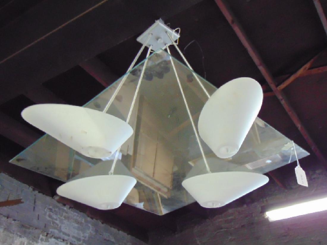 Sandy Littman design hanging fixture, square MCM: Sandy Littman design hanging fixture, square MCM design, clear plate glass with 4 white glass diffusers, suspended from metallic finish metal arms, plate glass is 30" by 30", height is 30"