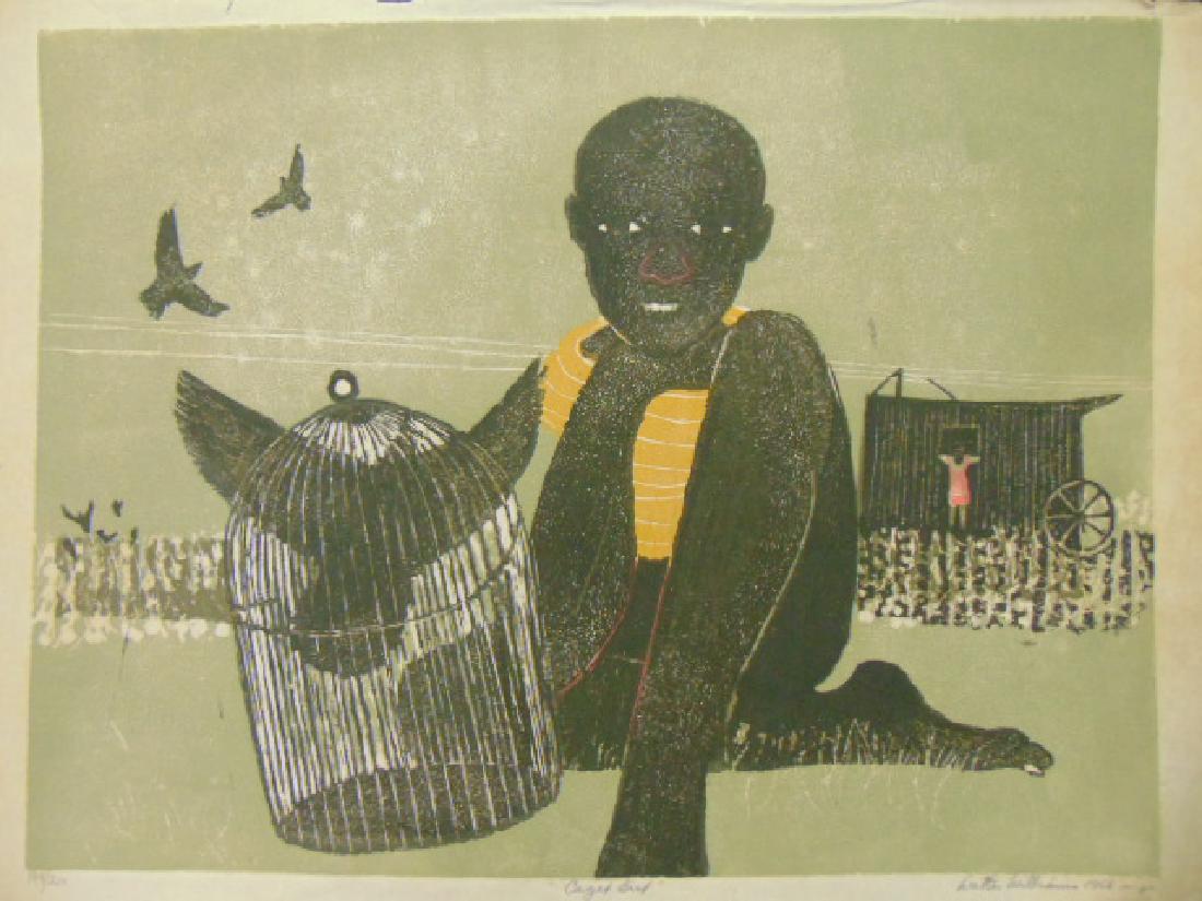 Litho, "Caged Bird", Walter Williams, 1966, black boy: Litho, "Caged Bird", Walter Williams, 1966, black boy with bird cage, numbered 194/210, print is unframed, upper outer margin is as is, actual image has tear to the left of the bird cage, image size (