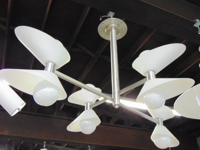 Sandy Littman design hanging fixture, square MCM design: Sandy Littman design hanging fixture, square MCM design, crossed arms with 4 double sides white glass diffusers, pointing up and down, fixture is 58" by 40", height is 36"