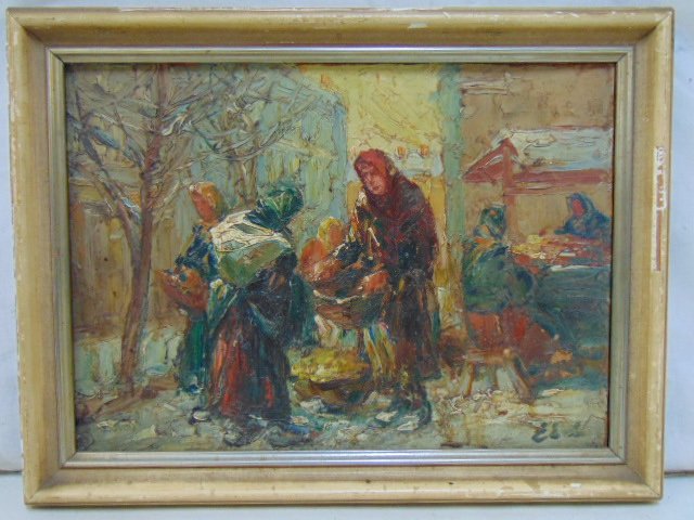 Painting, German Market scene, signed Edgar Ende: Painting, German Market, Edgar Ende, oil on board showing a German Market scene, 1937 printed on reverse, painting is 10" by 13.75", from the Germantown farmhouse.