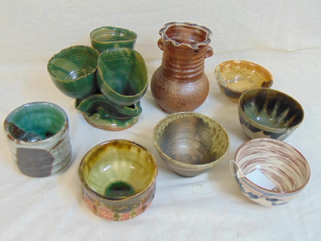 8 pieces Japanese studio pottery, 2 vases & 6 bowls,: 8 pieces Japanese studio pottery, 2 vases & 6 bowls, Hagi ware, drip glaze, various colors