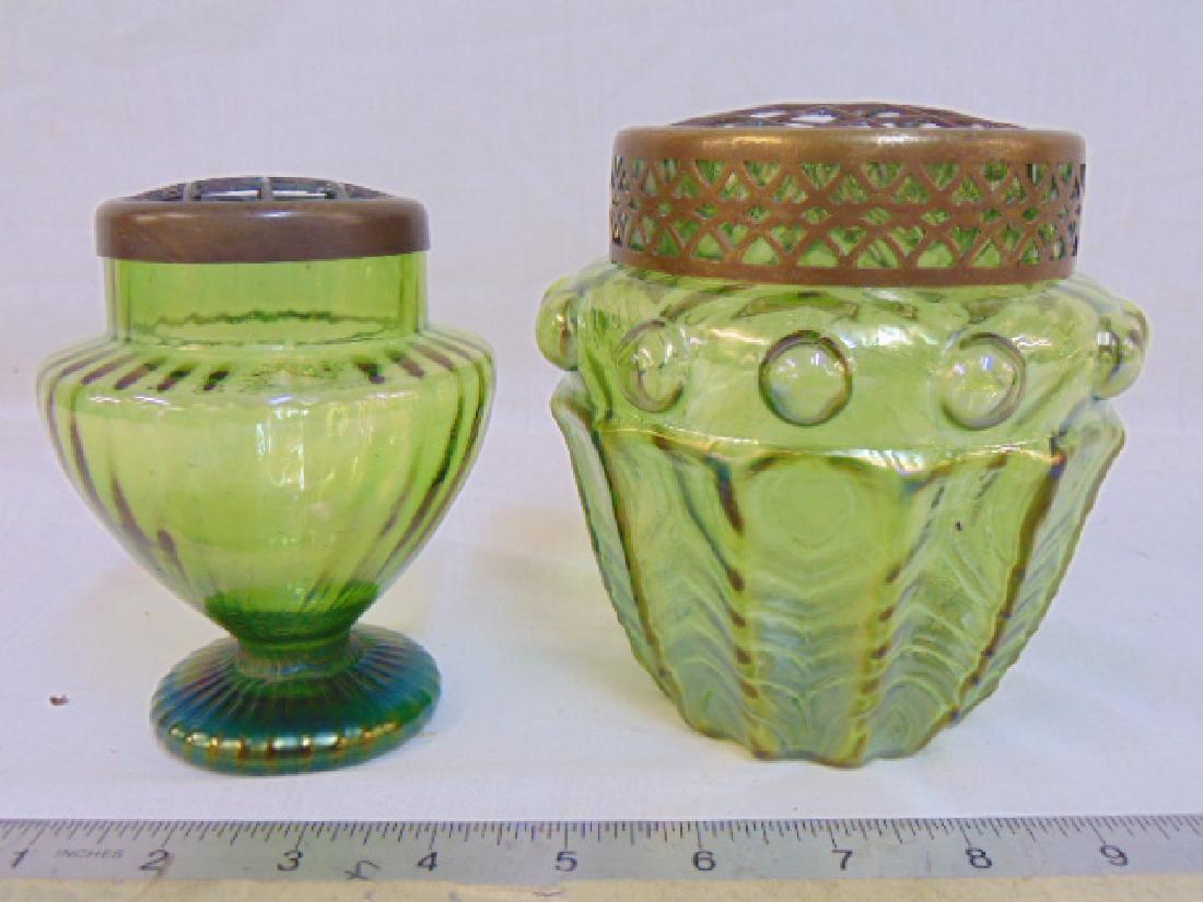2 Loetz style art glass vases with flower frog covers,: 2 Loetz style art glass vases with flower frog covers, 5" & 5.5" tall