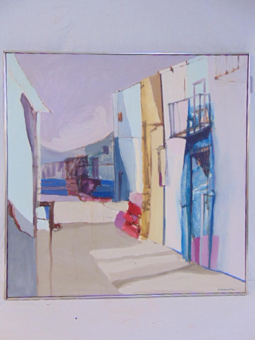 Painting, street scene, Robert Moskowitz, painted on: Painting, street scene, Robert Moskowitz, painted on canvas, canvas size is 36.25" by 36.25"