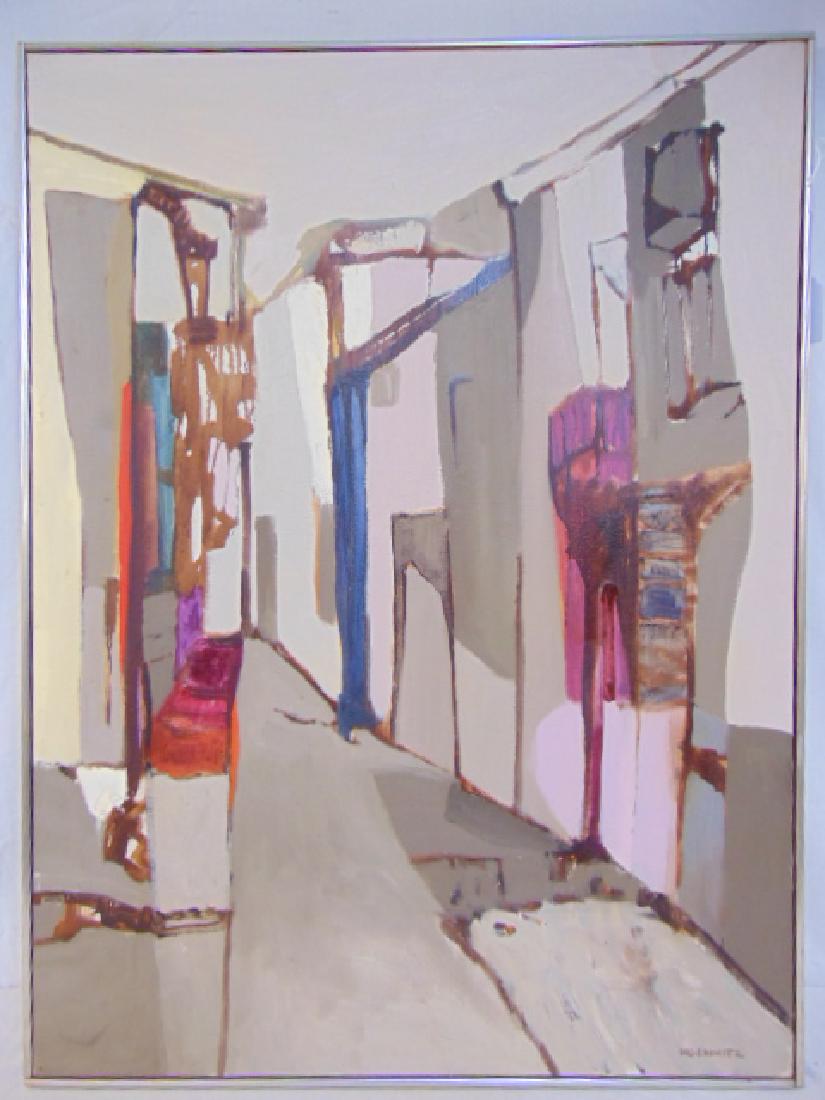 Painting, street scene, Robert Moskowitz, painted on: Painting, street scene, Robert Moskowitz, painted on canvas, canvas size is 40" by 30"