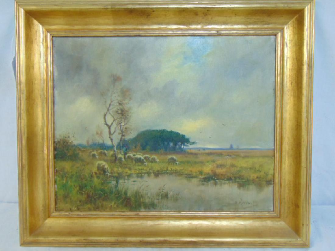 Painting, sheepherder, H. Riethof, canvas size is 16": Painting, sheepherder, H. Riethof, canvas size is 16" by 19.75", probably Dutch, in style of Anton Mauve