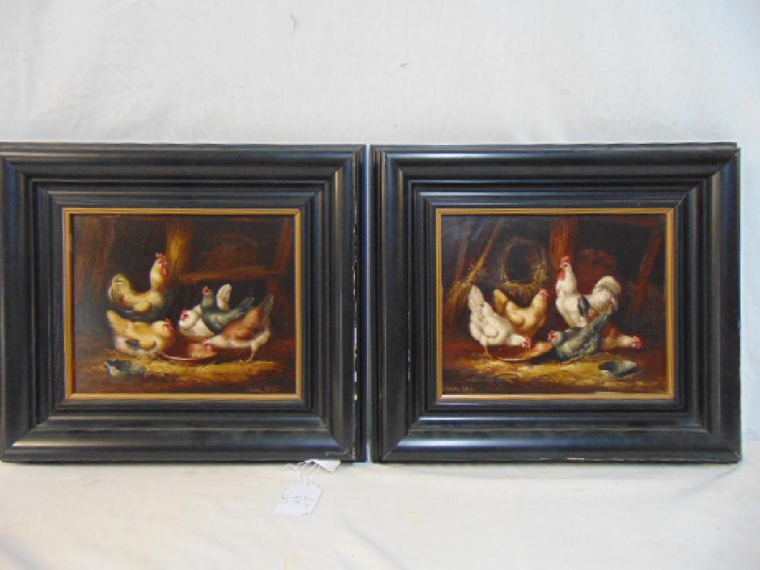 Pair paintings, chickens, Johan del Ojo (?), two oil on: Pair paintings, chickens, Johan del Ojo (?), two oil on panel paintings showing chickens in a barn, in ebonized frames, each panel is 10" by 12.25"
