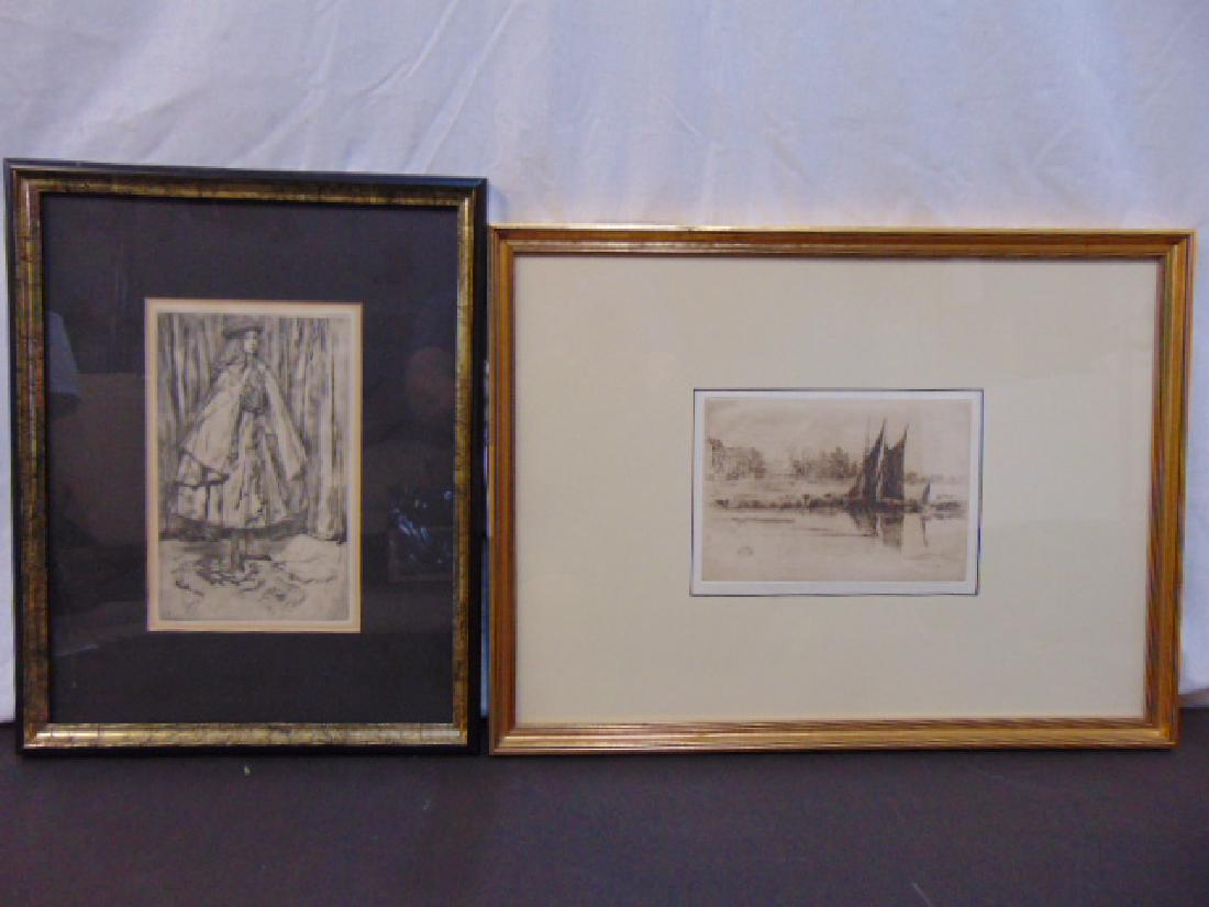 2 etchings, James Whistler, portrait & landscape,: 2 etchings, James Whistler, portrait & landscape, portrait of a girl, 9.25" by 5.75" & landscape with lake, sailboat, 5.25" by 7 7/8"