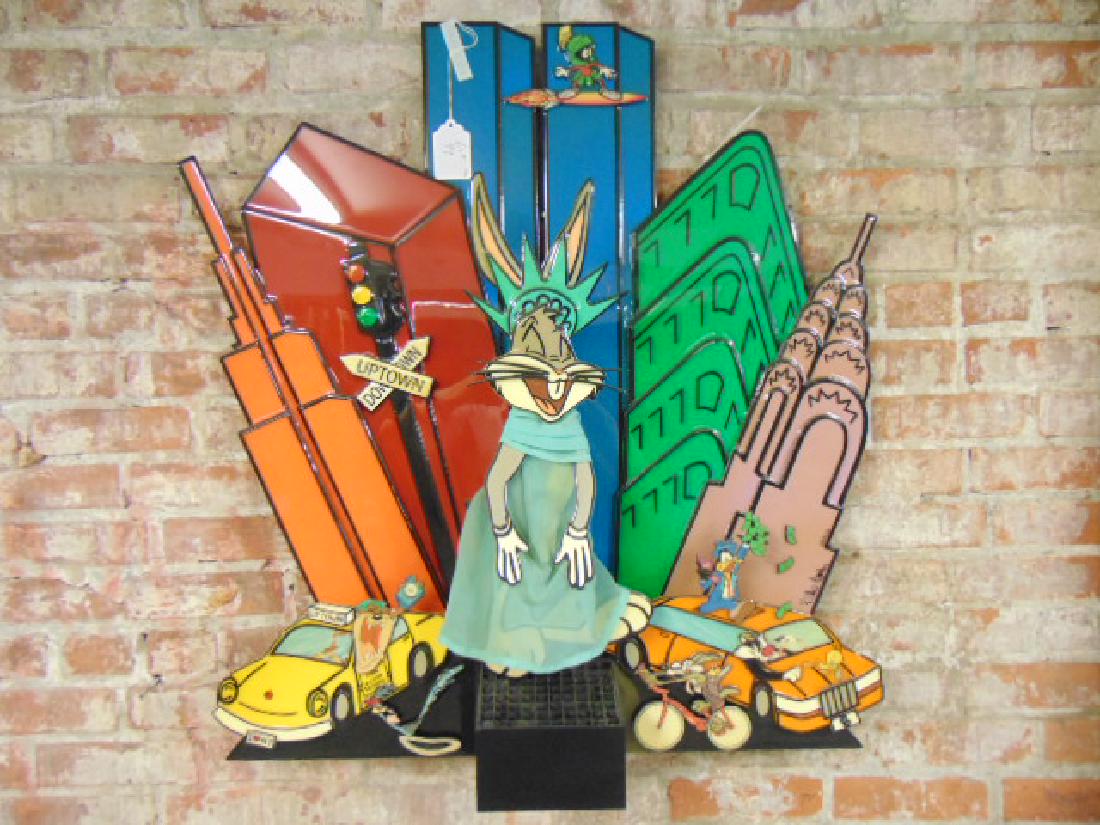 Mixed media collage, Debbie Brooks, New York City: Mixed media collage, Debbie Brooks, New York City Looney Tunes collage with Daffy Duck, Taz, Bucks Bunny, Road Runner against a New York Skyline background with Twin Towers, Chrysler, Flat Iron & Empi