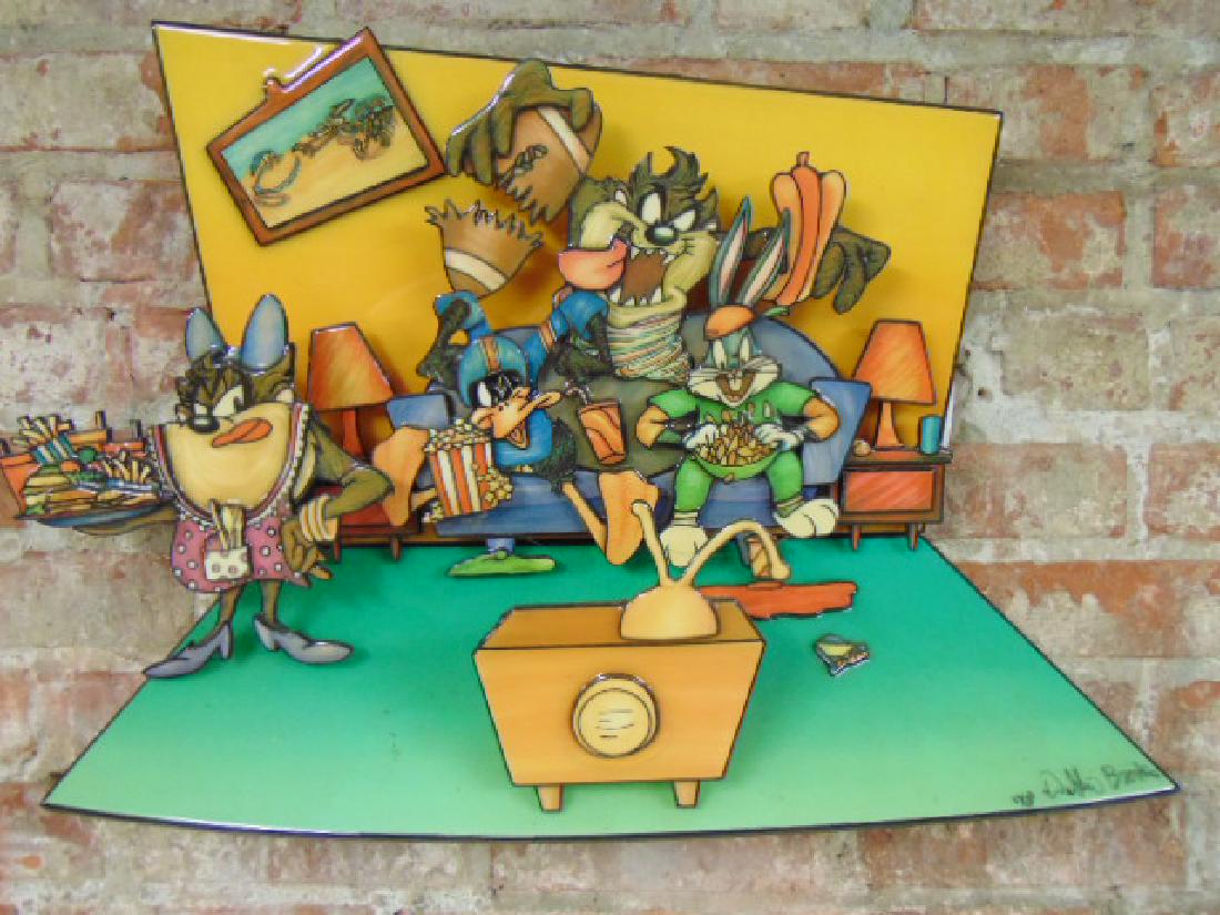 Mixed Media collage, Debbie Brooks, 17/250, Looney: Mixed Media collage, Debbie Brooks, 17/250, Looney Tunes sculpture, characters on sofa watching TV, with Daffy Duck, Bucks Bunny, Taz, 16" tall, 22" wide