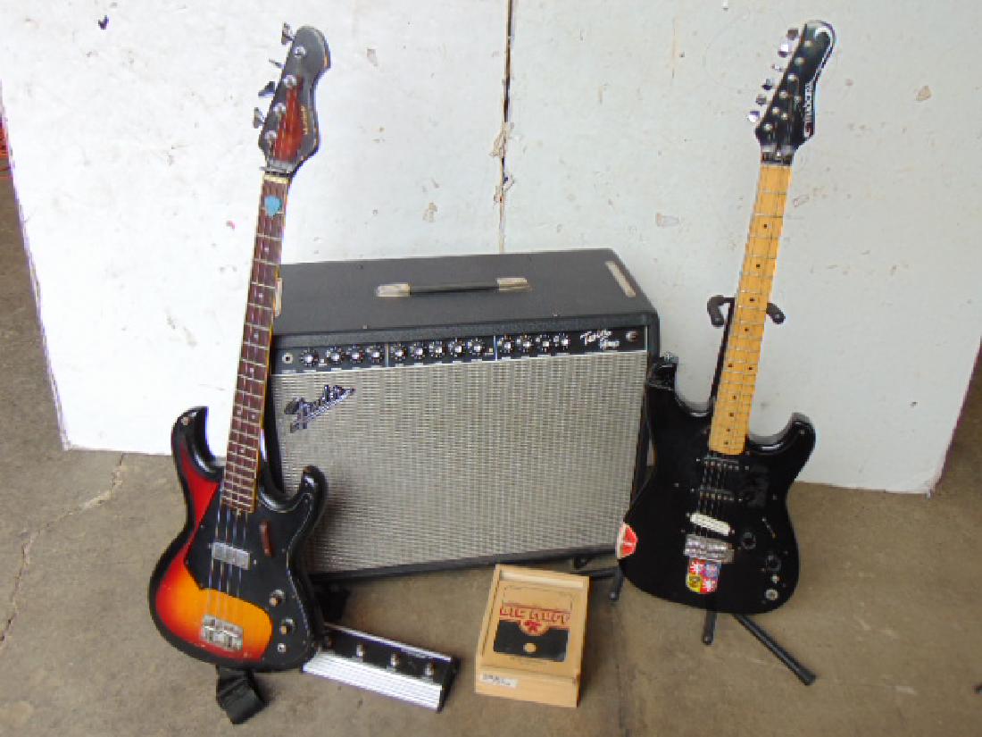 Guitars & amplifier, includes Montoya bass guitar,: Guitars & amplifier, includes Montoya bass guitar, model BG-1, Madeira electric guitar, EG-51BLK, "Big Muff" electro Harmonix, Fender Twin Amp, type PR 449, both guitars have cases
